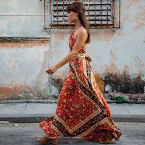 Red Full Swing Hamptons Bohemian Gypsy A Line Cotton Maxi Skirt, Boho Full Skirt